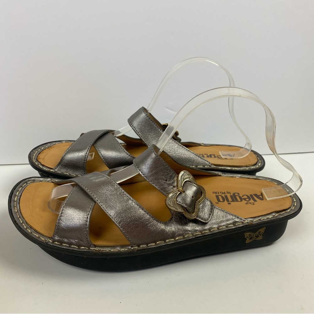 ALEGRIA Barcelona Bar 204 Leather Strappy Sandals Silver Comfort Size 41 10.5